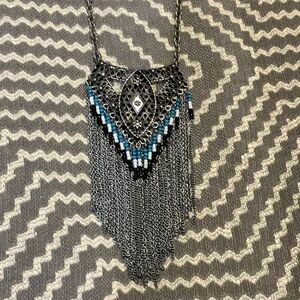 Silver Chain & Fringe Black and Turquoise Blue Beaded Statement Necklace